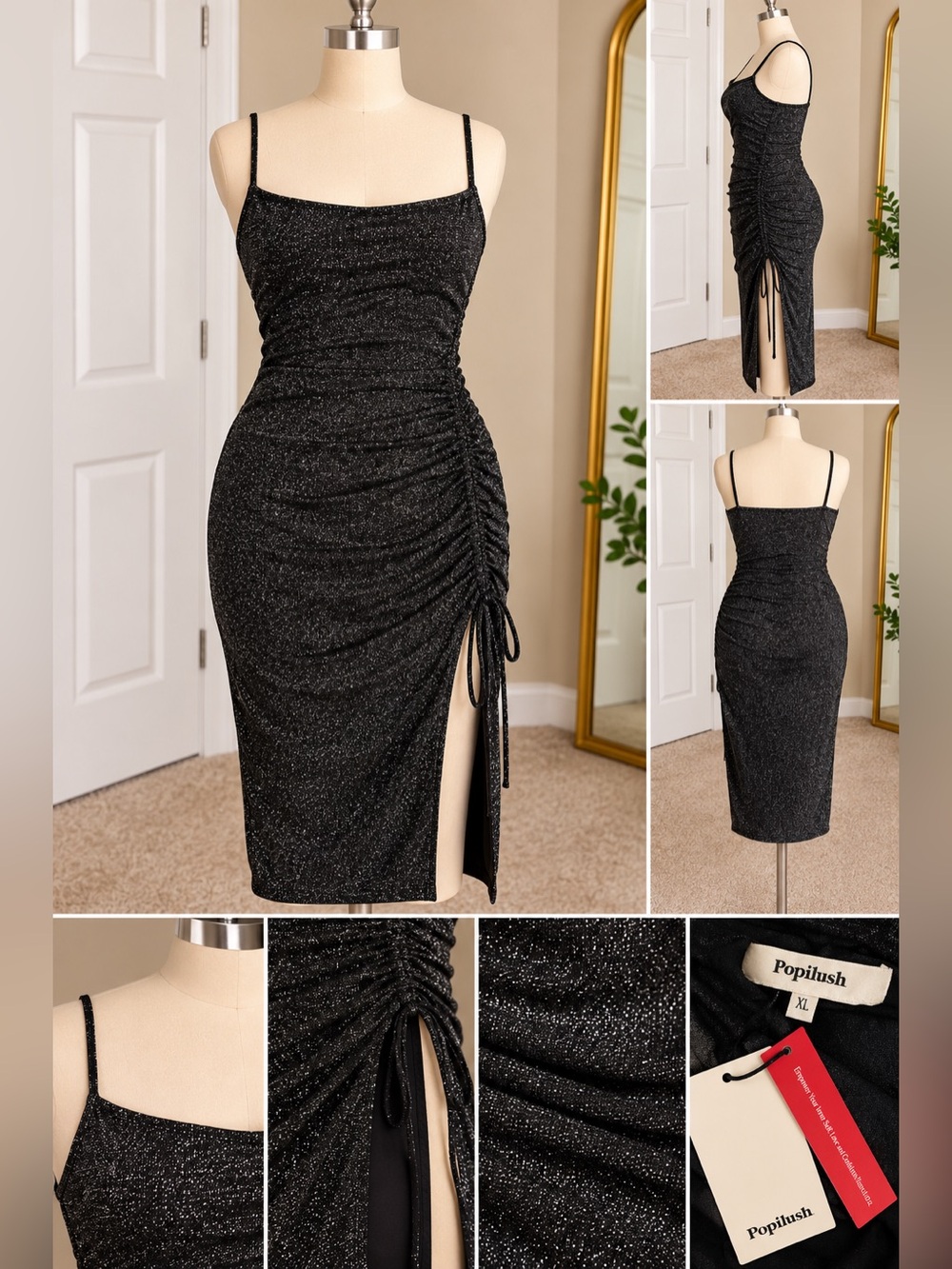 Popilush Black Sparkle Ruched Midi Dress with Side Slit